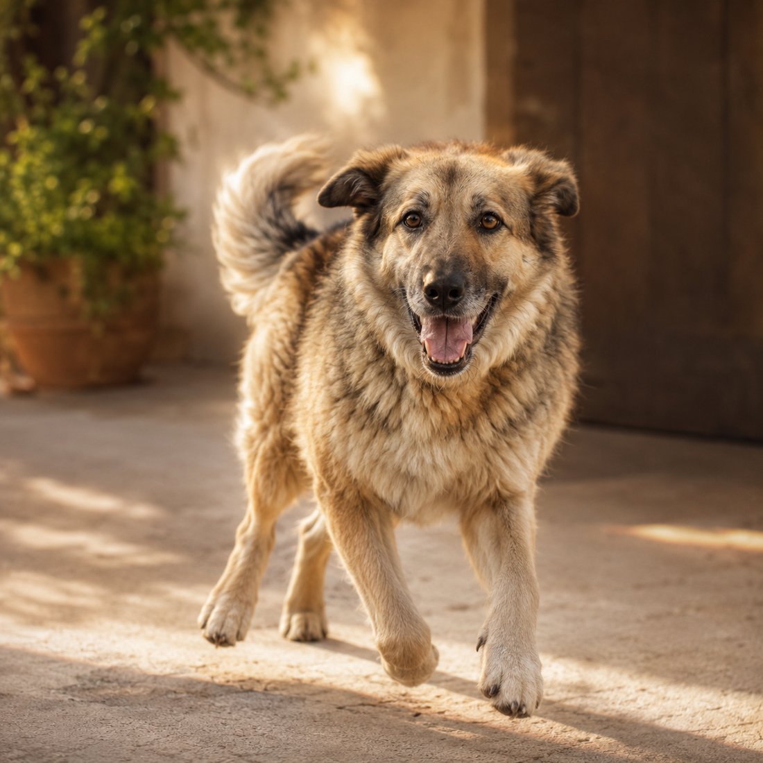 Cão saudável e alegre caminhando na luz, em equilíbrio