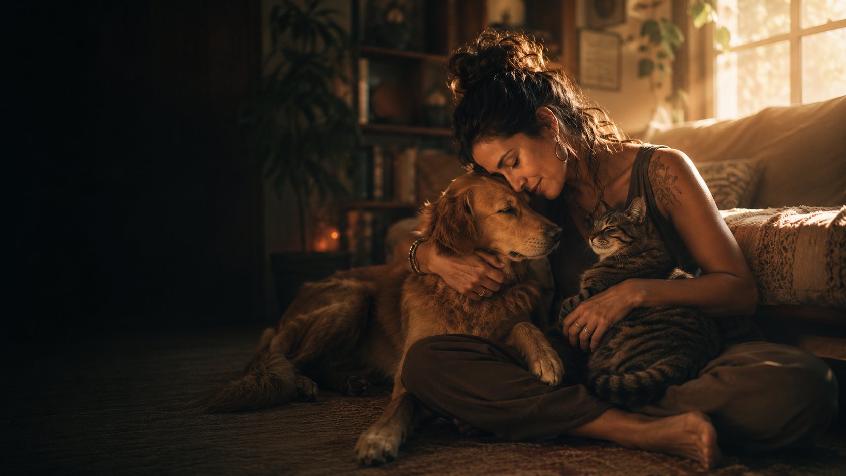 Tutora em casa, com a testa encostada no seu cão e o gato no colo, em um momento de conexão