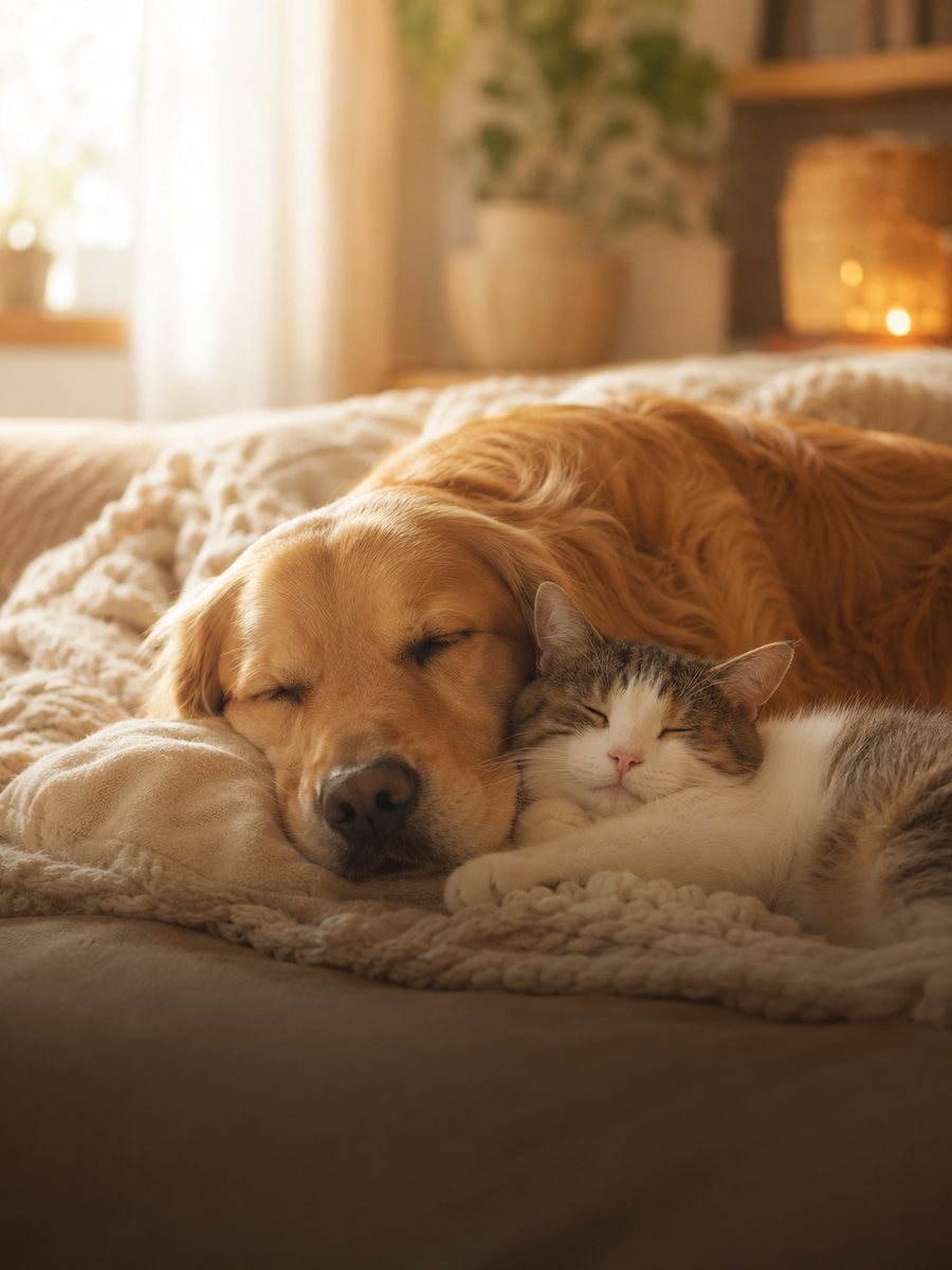 Um c&atilde;o e um gato dormindo juntos em casa, a fam&iacute;lia multiesp&eacute;cie cuidada no Curso Cura Entre Esp&eacute;cies