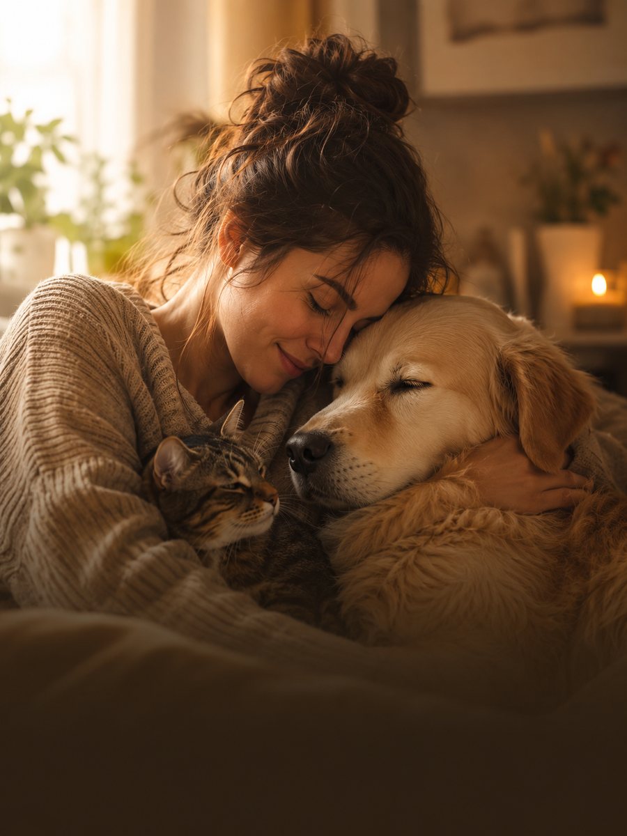 Uma tutora encostando a testa no seu c&atilde;o, com um gato aconchegado ao lado, no exerc&iacute;cio Conex&atilde;o Multiesp&eacute;cie